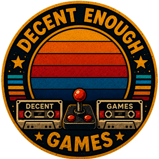 Decent Enough Games retro badge with joystick, cassettes, stars and sunset stripes.
