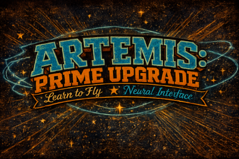 Artemis: Prime Upgrade illustrated poster with Artemis, a spacecraft and retro comic lettering.