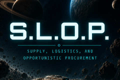 S.L.O.P. title showing a spaceship flying through an asteroid field.