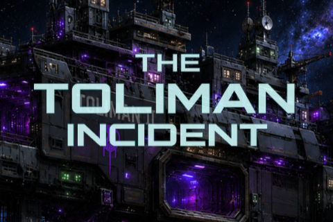The Toliman Incident title over a dark science-fiction space station.